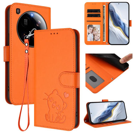 Embossed Heart Cat Leather Phone Case with Hand Strap, For Xiaomi Poco F7 Pro 5G / Redmi K80, For Xiaomi 15 Ultra