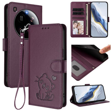 Embossed Heart Cat Leather Phone Case with Hand Strap, For Xiaomi Poco F7 Pro 5G / Redmi K80, For Xiaomi 15 Ultra