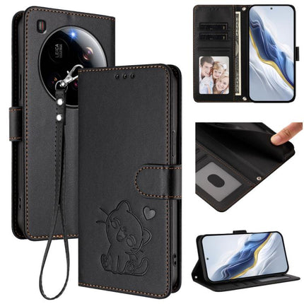 Embossed Heart Cat Leather Phone Case with Hand Strap, For Xiaomi Poco F7 Pro 5G / Redmi K80, For Xiaomi 15 Ultra