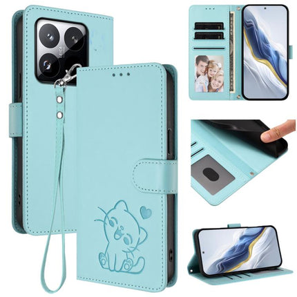 Embossed Heart Cat Leather Phone Case with Hand Strap, For Xiaomi 15T Pro 5G, For Xiaomi 15T 5G
