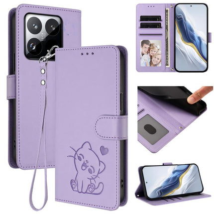 Embossed Heart Cat Leather Phone Case with Hand Strap, For Xiaomi 15T Pro 5G, For Xiaomi 15T 5G