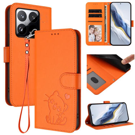 Embossed Heart Cat Leather Phone Case with Hand Strap, For Xiaomi 15T Pro 5G, For Xiaomi 15T 5G