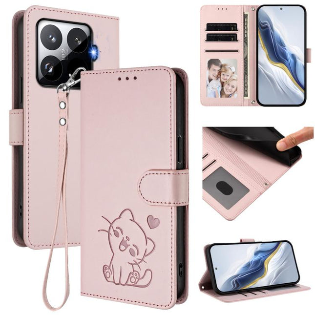 Embossed Heart Cat Leather Phone Case with Hand Strap, For Xiaomi 15T Pro 5G, For Xiaomi 15T 5G