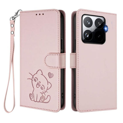 Embossed Heart Cat Leather Phone Case with Hand Strap, For Xiaomi 15T Pro 5G, For Xiaomi 15T 5G