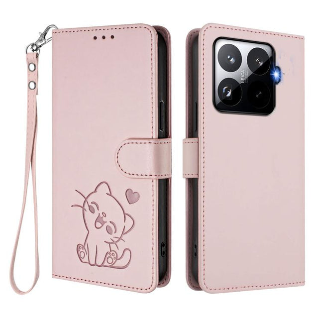 Embossed Heart Cat Leather Phone Case with Hand Strap, For Xiaomi 15T Pro 5G, For Xiaomi 15T 5G