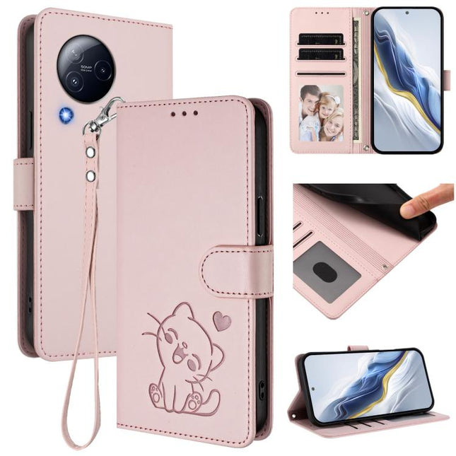 Embossed Heart Cat Leather Phone Case with Hand Strap, For Xiaomi Civi 3 5G, For Xiaomi 13 Lite 5G / Civi 2