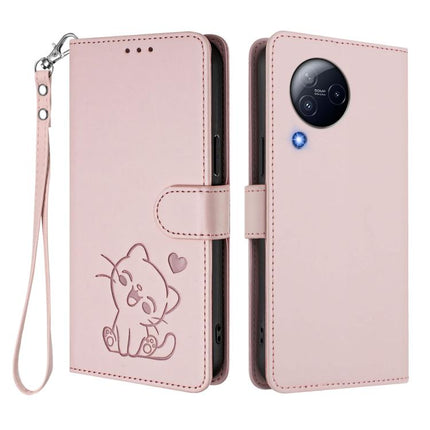 Embossed Heart Cat Leather Phone Case with Hand Strap, For Xiaomi Civi 3 5G, For Xiaomi 13 Lite 5G / Civi 2