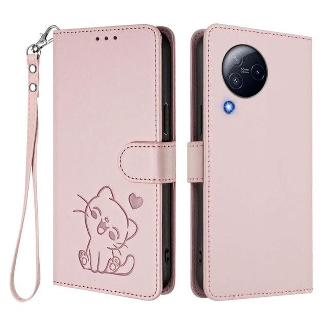 Embossed Heart Cat Leather Phone Case with Hand Strap, For Xiaomi Civi 3 5G, For Xiaomi 13 Lite 5G / Civi 2