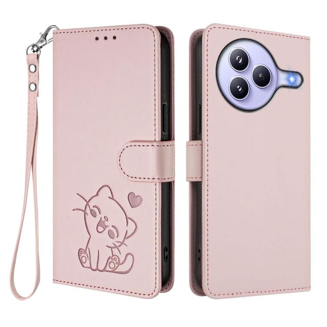 Embossed Heart Cat Leather Phone Case with Hand Strap, For Xiaomi Civi 5 Pro 5G, For Xiaomi 15S Pro 5G