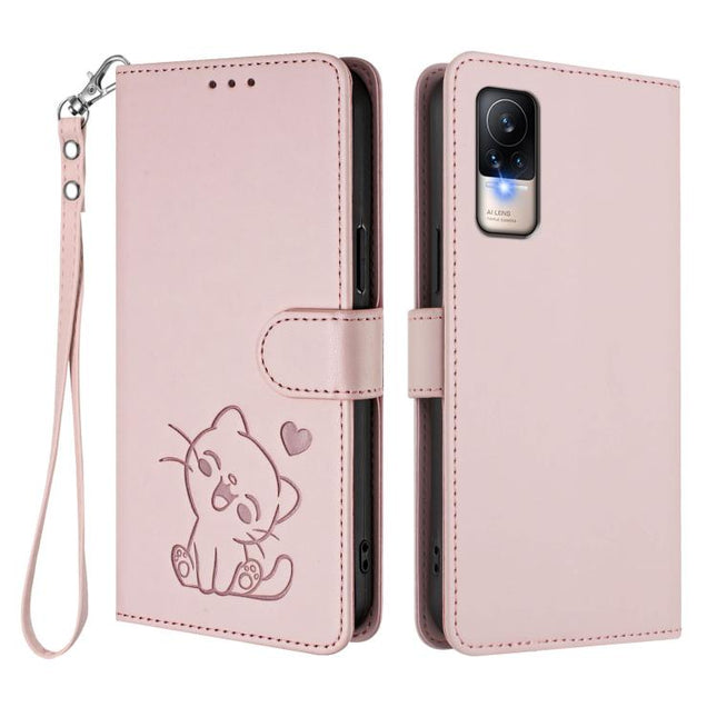 Embossed Heart Cat Leather Phone Case with Hand Strap, For Xiaomi Civi 1S, For Xiaomi Poco M4 Pro 4G