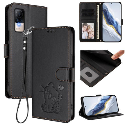 Embossed Heart Cat Leather Phone Case with Hand Strap, For Xiaomi Civi 1S, For Xiaomi Poco M4 Pro 4G