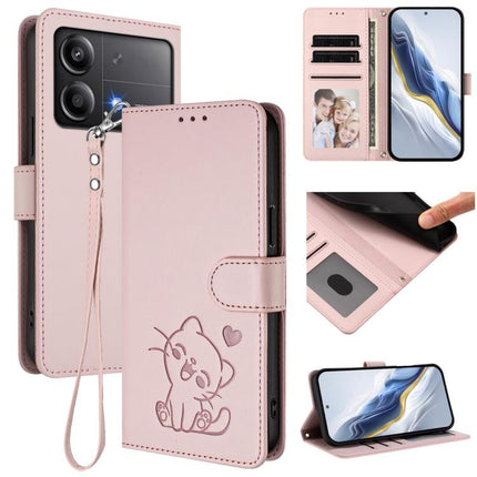Embossed Heart Cat Leather Phone Case with Hand Strap, For Xiaomi Poco F6 Pro 5G, For Xiaomi Poco X6 Neo 5G