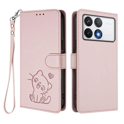 Embossed Heart Cat Leather Phone Case with Hand Strap, For Xiaomi Poco F6 Pro 5G, For Xiaomi Poco X6 Neo 5G