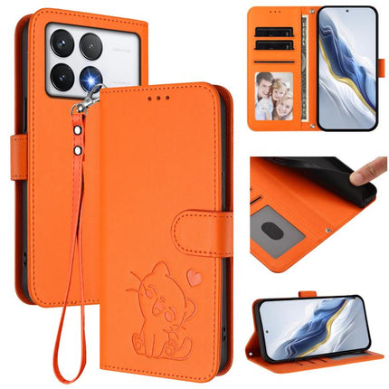 Embossed Heart Cat Leather Phone Case with Hand Strap, For Xiaomi Poco F6 Pro 5G, For Xiaomi Poco X6 Neo 5G