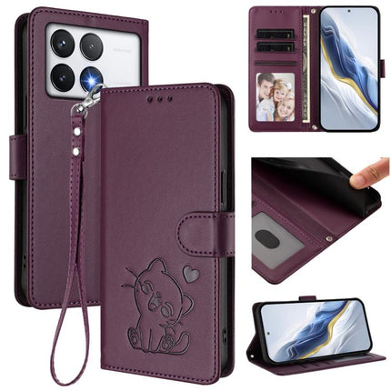 Embossed Heart Cat Leather Phone Case with Hand Strap, For Xiaomi Poco F6 Pro 5G, For Xiaomi Poco X6 Neo 5G