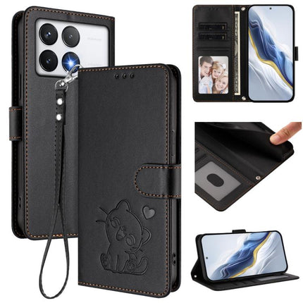 Embossed Heart Cat Leather Phone Case with Hand Strap, For Xiaomi Poco F6 Pro 5G, For Xiaomi Poco X6 Neo 5G