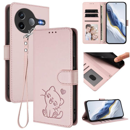 Embossed Heart Cat Leather Phone Case with Hand Strap, For Xiaomi Poco F7 Pro 5G / Redmi K80, For Xiaomi 15 Ultra