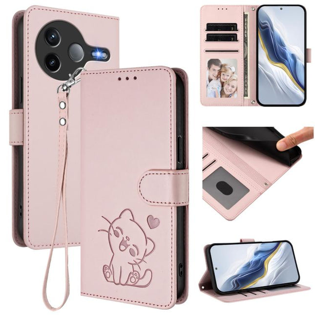 Embossed Heart Cat Leather Phone Case with Hand Strap, For Xiaomi Poco F7 Pro 5G / Redmi K80, For Xiaomi 15 Ultra