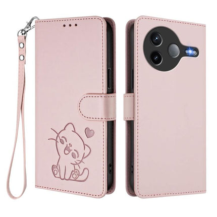 Embossed Heart Cat Leather Phone Case with Hand Strap, For Xiaomi Poco F7 Pro 5G / Redmi K80, For Xiaomi 15 Ultra