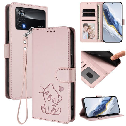 Embossed Heart Cat Leather Phone Case with Hand Strap, For Xiaomi Poco X4 Pro 5G