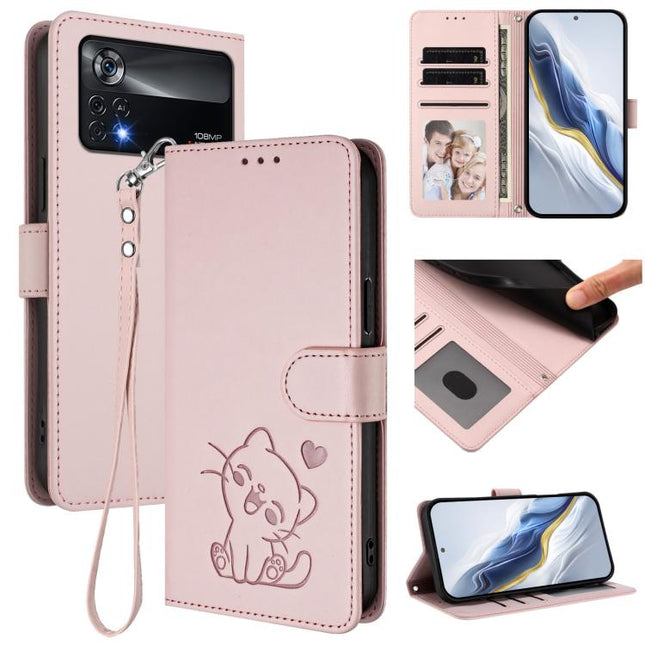 Embossed Heart Cat Leather Phone Case with Hand Strap, For Xiaomi Poco X4 Pro 5G