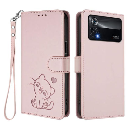 Embossed Heart Cat Leather Phone Case with Hand Strap, For Xiaomi Poco X4 Pro 5G