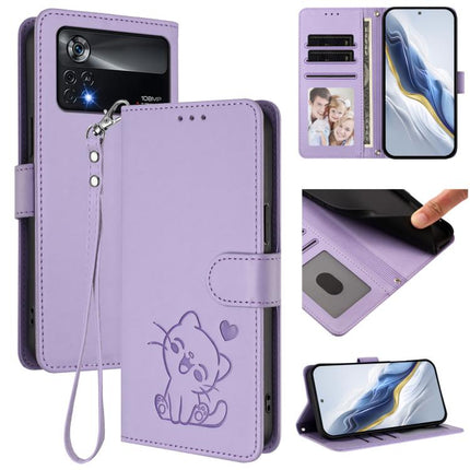 Embossed Heart Cat Leather Phone Case with Hand Strap, For Xiaomi Poco X4 Pro 5G