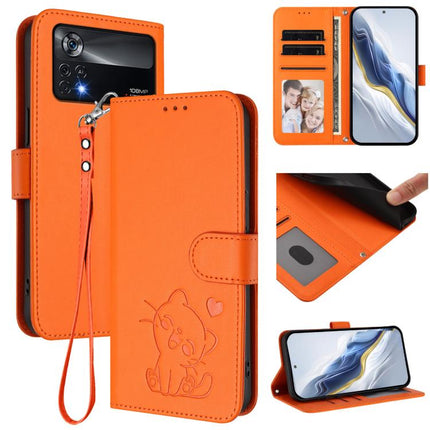 Embossed Heart Cat Leather Phone Case with Hand Strap, For Xiaomi Poco X4 Pro 5G