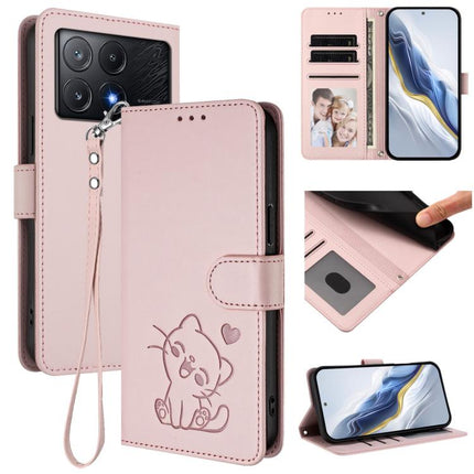 Embossed Heart Cat Leather Phone Case with Hand Strap, For Xiaomi Poco X6 Pro 5G / Redmi K70E 5G, For Xiaomi 14 Ultra 5G