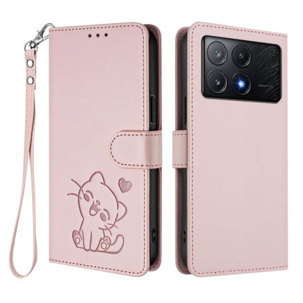 Embossed Heart Cat Leather Phone Case with Hand Strap, For Xiaomi Poco X6 Pro 5G / Redmi K70E 5G, For Xiaomi 14 Ultra 5G