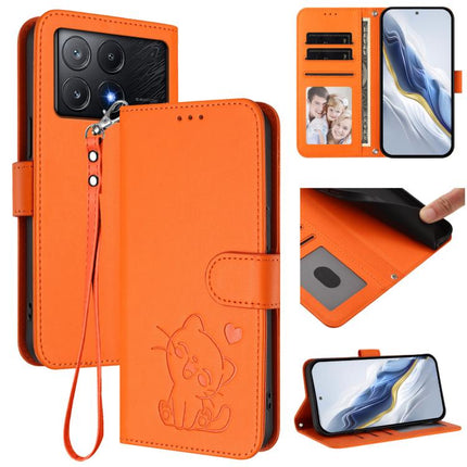 Embossed Heart Cat Leather Phone Case with Hand Strap, For Xiaomi Poco X6 Pro 5G / Redmi K70E 5G, For Xiaomi 14 Ultra 5G