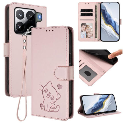 Embossed Heart Cat Leather Phone Case with Hand Strap, For Xiaomi Civi 5 Pro 5G, For Xiaomi 15S Pro 5G