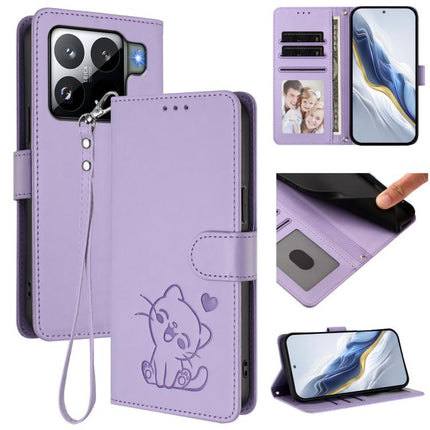 Embossed Heart Cat Leather Phone Case with Hand Strap, For Xiaomi Civi 5 Pro 5G, For Xiaomi 15S Pro 5G