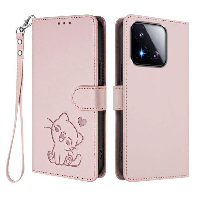 Embossed Heart Cat Leather Phone Case with Hand Strap, For Xiaomi 17 Max 5G, For Xiaomi 17T Pro 5G