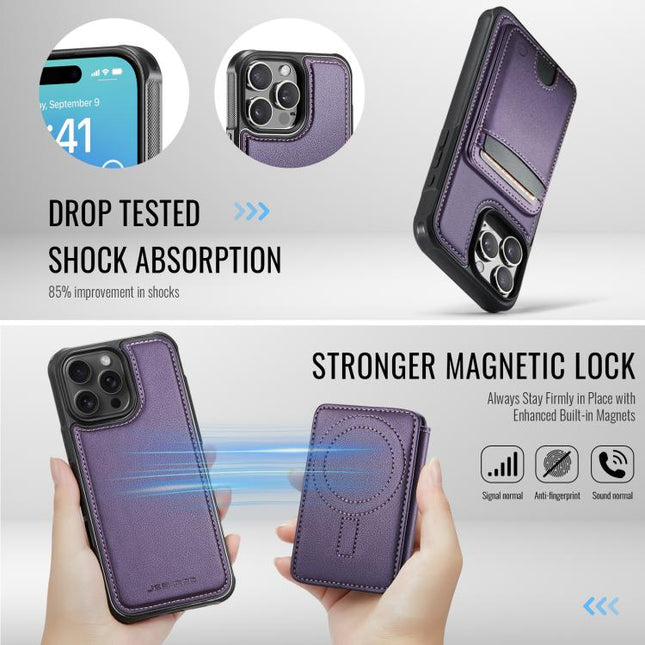 JEEHOOD J10 Flip Card Bag MagSafe Split RFID Leather Phone Case, For iPhone 16 Pro, For iPhone 16 Plus, For iPhone 16, For iPhone 15 Pro Max