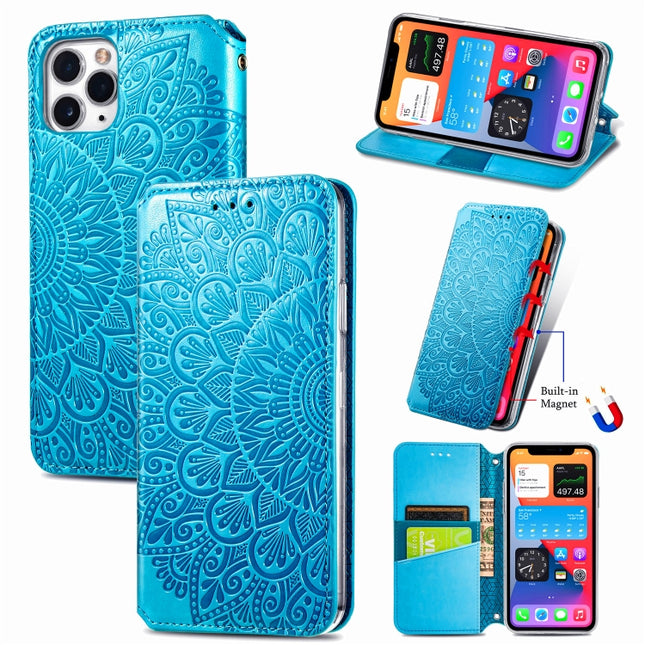 Magnetische horizontale Klapphülle aus Leder mit blühendem Mandala-Prägemuster, Halter, Kartenfächern und Geldbörse, für iPhone 11 Pro, für iPhone 11, für iPhone 11 Pro Max