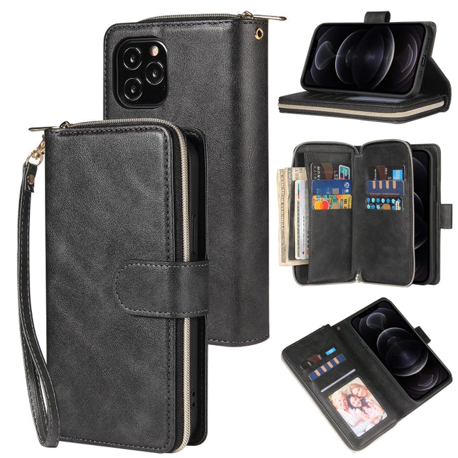 Reißverschluss-Geldbörsentasche, horizontales Klappetui aus PU-Leder mit Halter &amp; 9 Kartenfächern &amp; Geldbörse &amp; Umhängeband &amp; Bilderrahmen, für iPhone 12 Pro Max, für iPhone X / XS, für iPhone XR, für iPhone XS Max