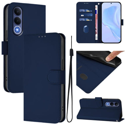 Skin Feel Solid Color Leather Phone Case with Lanyard, For vivo V70 FE 5G