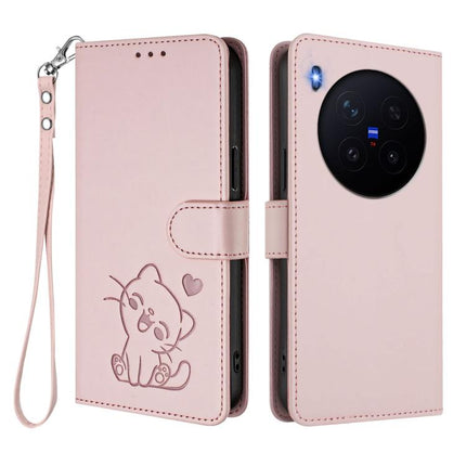 Embossed Heart Cat Leather Phone Case with Hand Strap, For vivo X300 Pro, For vivo X300