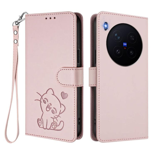Embossed Heart Cat Leather Phone Case with Hand Strap, For vivo X300 Pro, For vivo X300