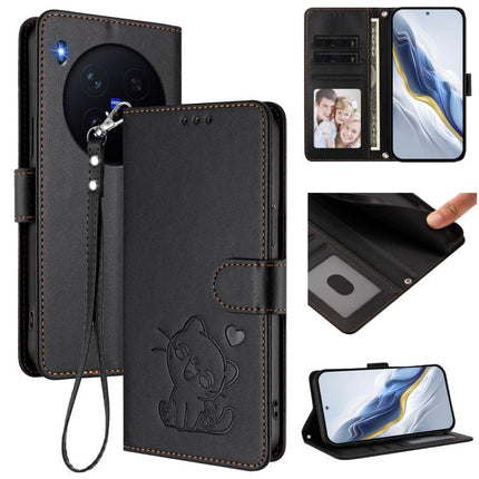Embossed Heart Cat Leather Phone Case with Hand Strap, For vivo X300 Pro, For vivo X300