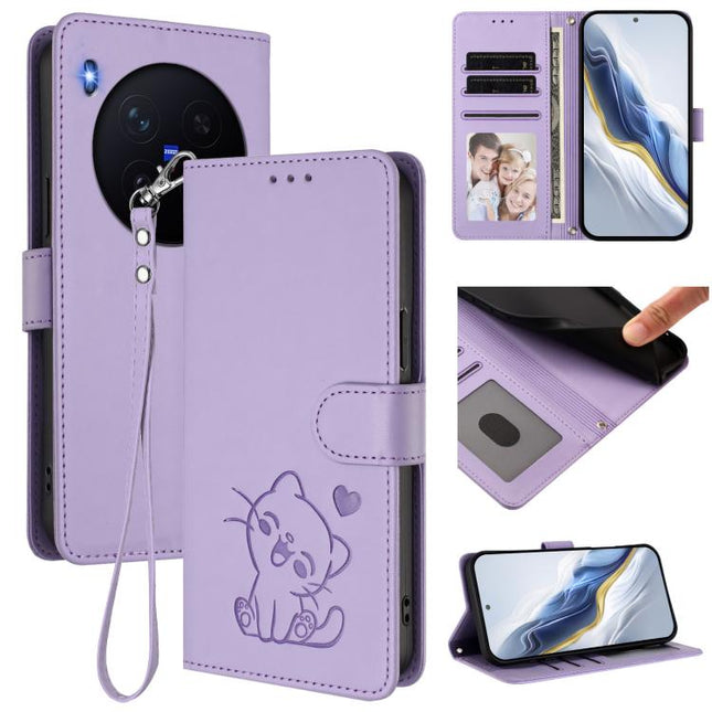 Embossed Heart Cat Leather Phone Case with Hand Strap, For vivo X300 Pro, For vivo X300