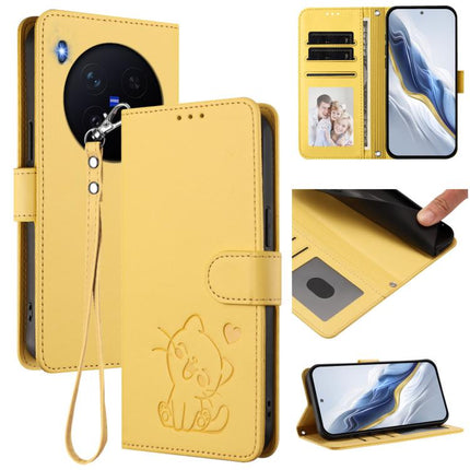 Embossed Heart Cat Leather Phone Case with Hand Strap, For vivo X300 Pro, For vivo X300