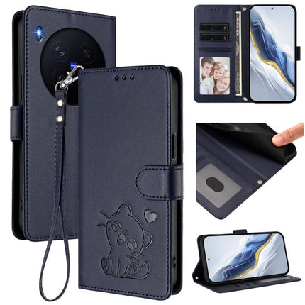 Embossed Heart Cat Leather Phone Case with Hand Strap, For vivo X300 Pro, For vivo X300