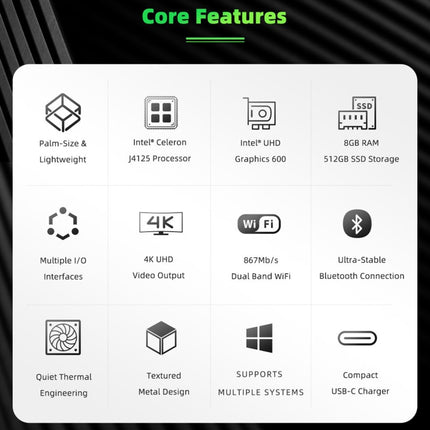 GMK NucBox Windows 10 System Mini PC, Intel Celeron J4125 Quad Core 64bit 14nm 2GHz-2.7GHz, Support WiFi & Bluetooth & RJ45,, 8GB+128GB,EU Plug