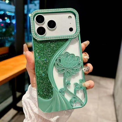 Electroplated TPU Lotus Hollow-carved  Rhinestone Glitter Phone Case, For iPhone 18 Pro, For iPhone 18 Pro Max, For iPhone 17 Pro Max, For iPhone 17 Pro