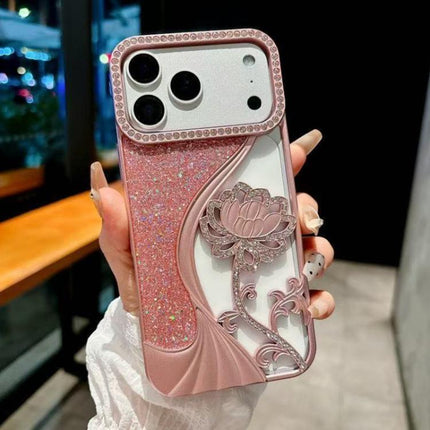 Electroplated TPU Lotus Hollow-carved  Rhinestone Glitter Phone Case, For iPhone 18 Pro, For iPhone 18 Pro Max, For iPhone 17 Pro Max, For iPhone 17 Pro