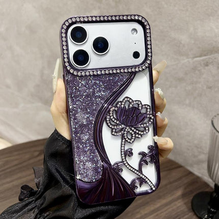 Electroplated TPU Lotus Hollow-carved  Rhinestone Glitter Phone Case, For iPhone 18 Pro, For iPhone 18 Pro Max, For iPhone 17 Pro Max, For iPhone 17 Pro