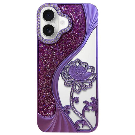 Electroplated TPU Lotus Hollow-carved  Rhinestone Glitter Phone Case, For iPhone 17, For iPhone 16 Pro Max, For iPhone 16 Pro, For iPhone 16