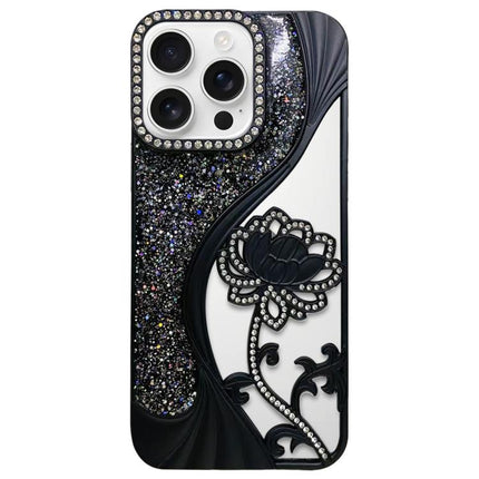 Electroplated TPU Lotus Hollow-carved  Rhinestone Glitter Phone Case, For iPhone 17, For iPhone 16 Pro Max, For iPhone 16 Pro, For iPhone 16